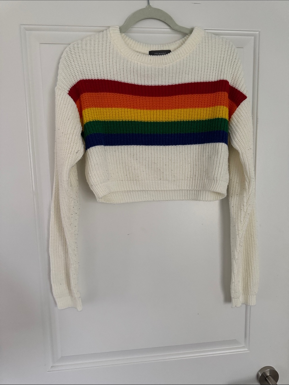 Cream Cropped Sweater with Rainbow Chest Stripes